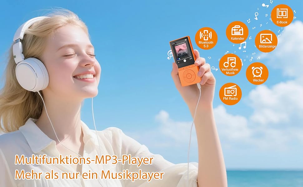 MP3 плеєр 64GB Bluetooth 5.3 з динаміком, HiFi звук, диктофон, E-book, підтримка TF карти 128GB (Помаранчевий)