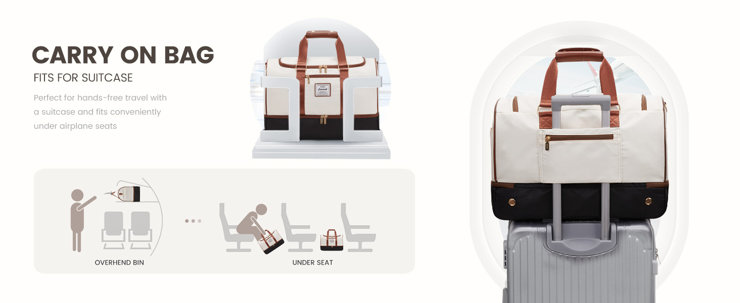 Спортивна сумка LOVEVOOK 37L для подорожей: Weekender, Duffel, Carry-on з відділенням для взуття та мокрих речей, водонепроникна, для відпочинку, авіаперельотів (L, Бежево-чорно-коричнева)