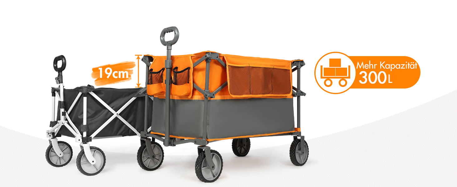 Візок-садовий портативний Bollerwagen 300L XXL помаранчевий - для саду, кемпінгу, пляжу, фестивалів. З навантаженням до 120 кг, тримач для напоїв, бічна кишеня.