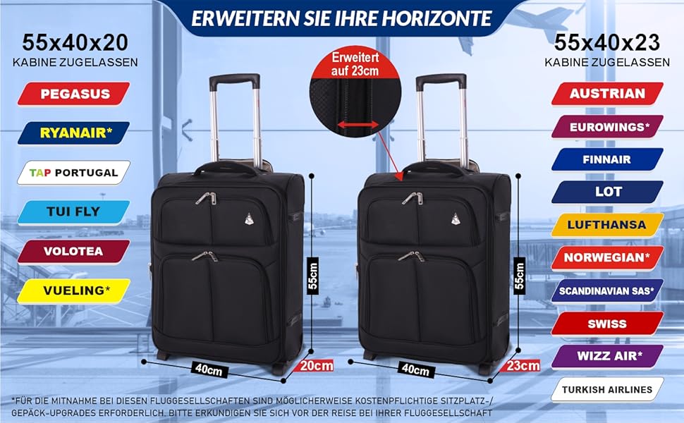 Розширюваний валіза Aerolite 55x40x20/23 см – ручна поклажа для Lufthansa, Eurowings, Condor, SunExpress, TUI (Чорний)