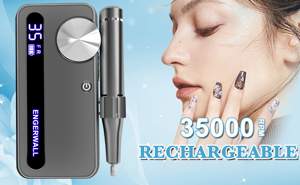 Професійний фрезер для нігтів ENGERWALL 35000 об/хв, акумуляторний, для гелю та акрилу, електричний, манікюрний набір з 7 насадок та 56 шліфувальних стрічок, темно-срібний, портативний