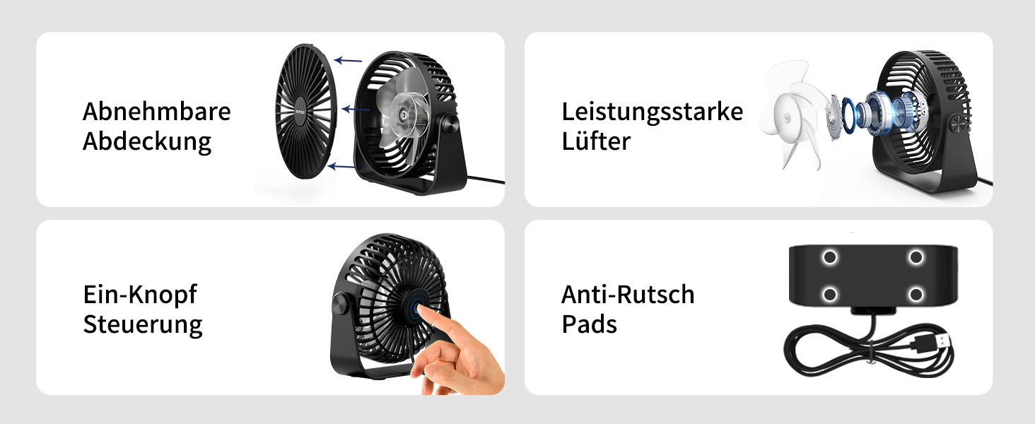 USB Настільний вентилятор TriPole: 3 швидкості, регульований, потужний, 360° обертання, кабель 1,5 м, чорний