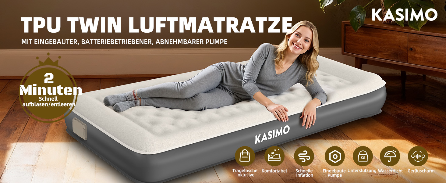Надувний матрац KASIMO TPU самонадувний 1-місний з електричним насосом та подушкою, 190x90x22 см для дому та кемпінгу