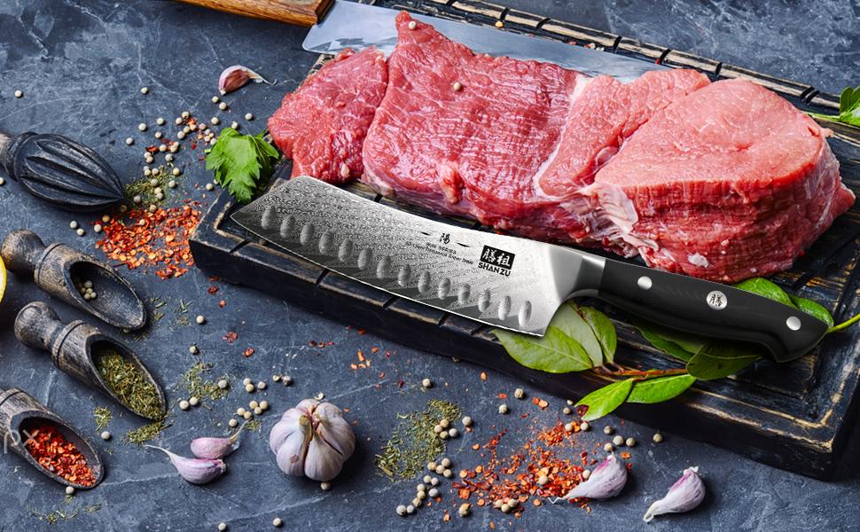 Японський ніж SHAN ZU з дамаської сталі AUS10, 18 см (сантоку), для професійної кухні, з ручкою G10, у подарунковій коробці