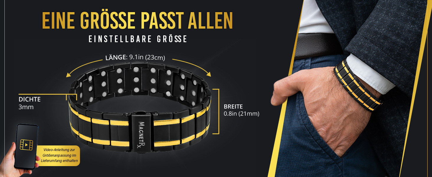 Браслет-магнітотерапія MagnetRX® Titan для чоловіків – браслет з титану з потрійною силою магнітів, регульована довжина, якісна застібка (Чорний/Золотий)