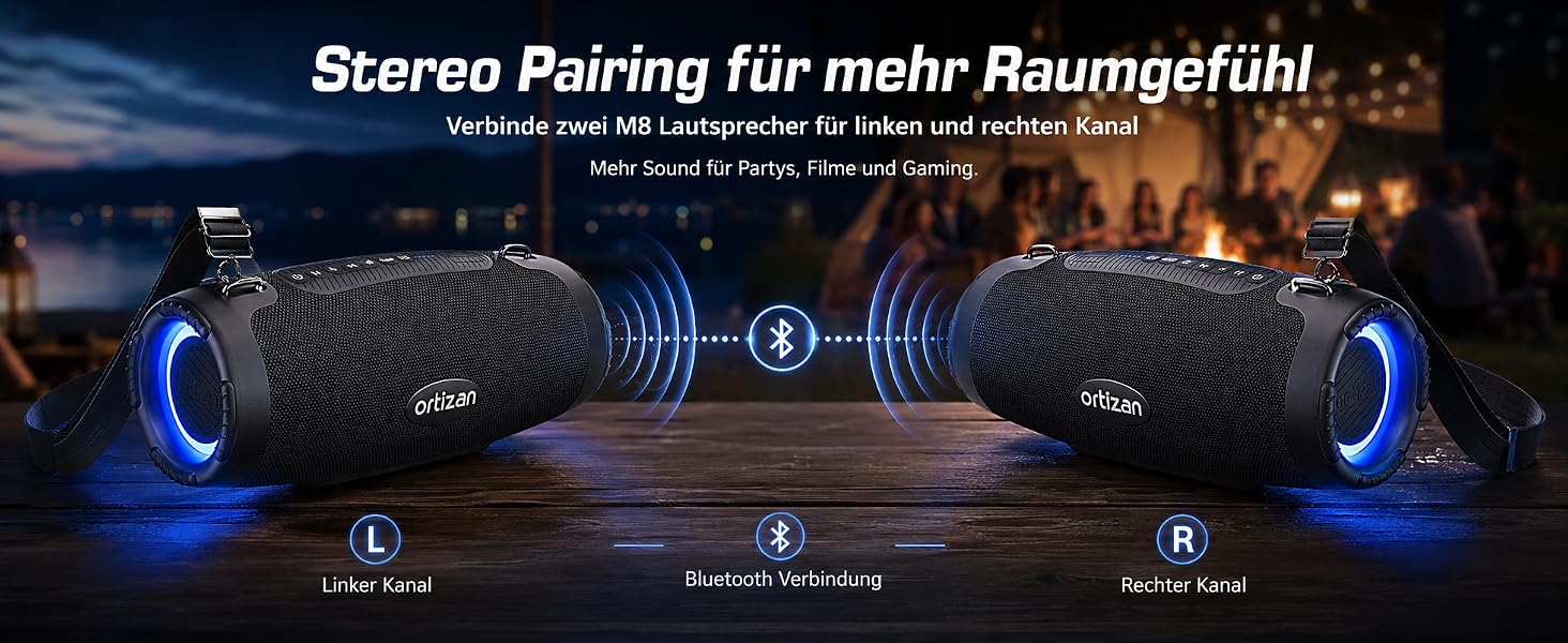 Ortizan Bluetooth колонка портативна 80 Вт, чорна: Водонепроникна IPX7, LED-підсвітка, Power Bank, до 12 год. роботи, Extra Bass