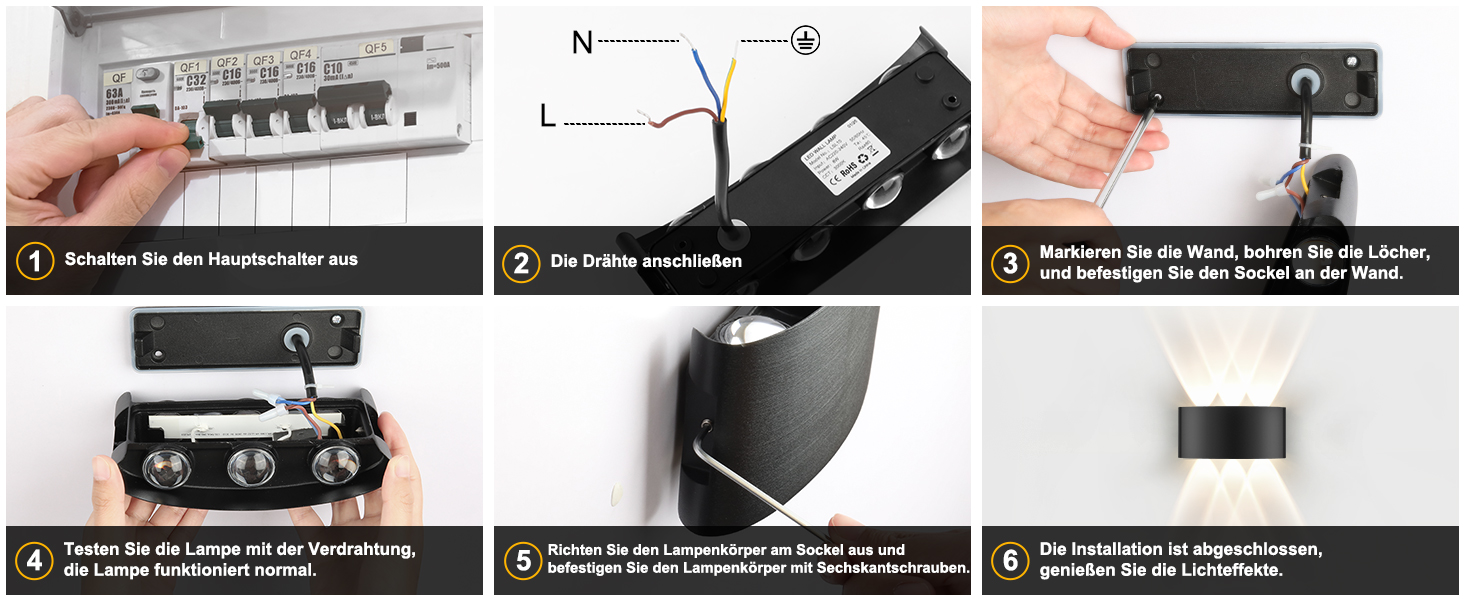 LED-стінні світильники Oraymin 2 шт., IP65, 6W, 6 джерел світла, 3000K, для дому та вулиці, з алюмінію, тепле біле світло, чорний колір