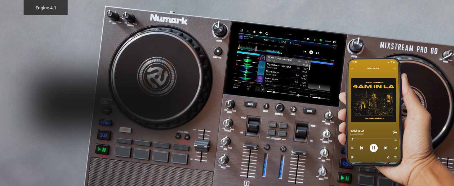 Numark Mixstream Pro Go: Портативний DJ-контролер з акумулятором, мікшер з розділенням STEM, динамік, Wi-Fi, сенсорний екран, сумісний з Serato DJ