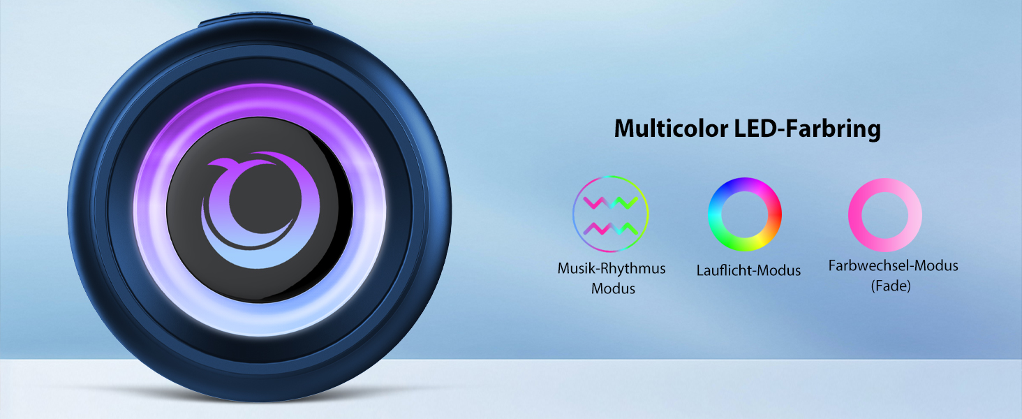 Bluetooth колонка 2026 з RGB підсвіткою, портативна, водонепроникна IP7, 20 годин роботи, з мікрофоном, для спорту, саду, вулиці - блакитна