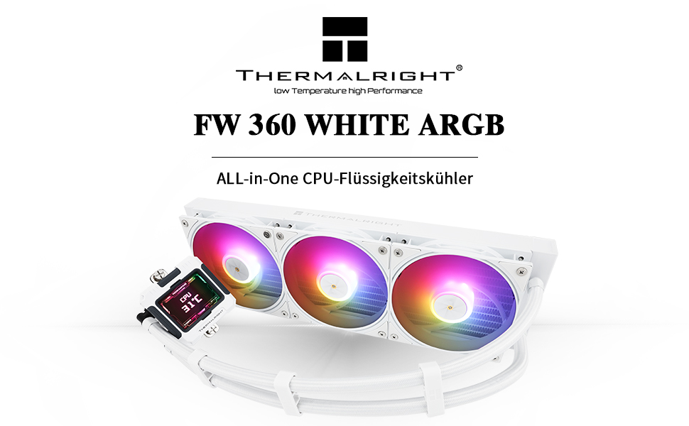Thermalright FW 360 White ARGB: рідинна система охолодження CPU з 3 вентиляторами PWM, LCD-дисплей 320*240, підтримка AMD/Intel (AM4/AM5/LGA1700/1851)