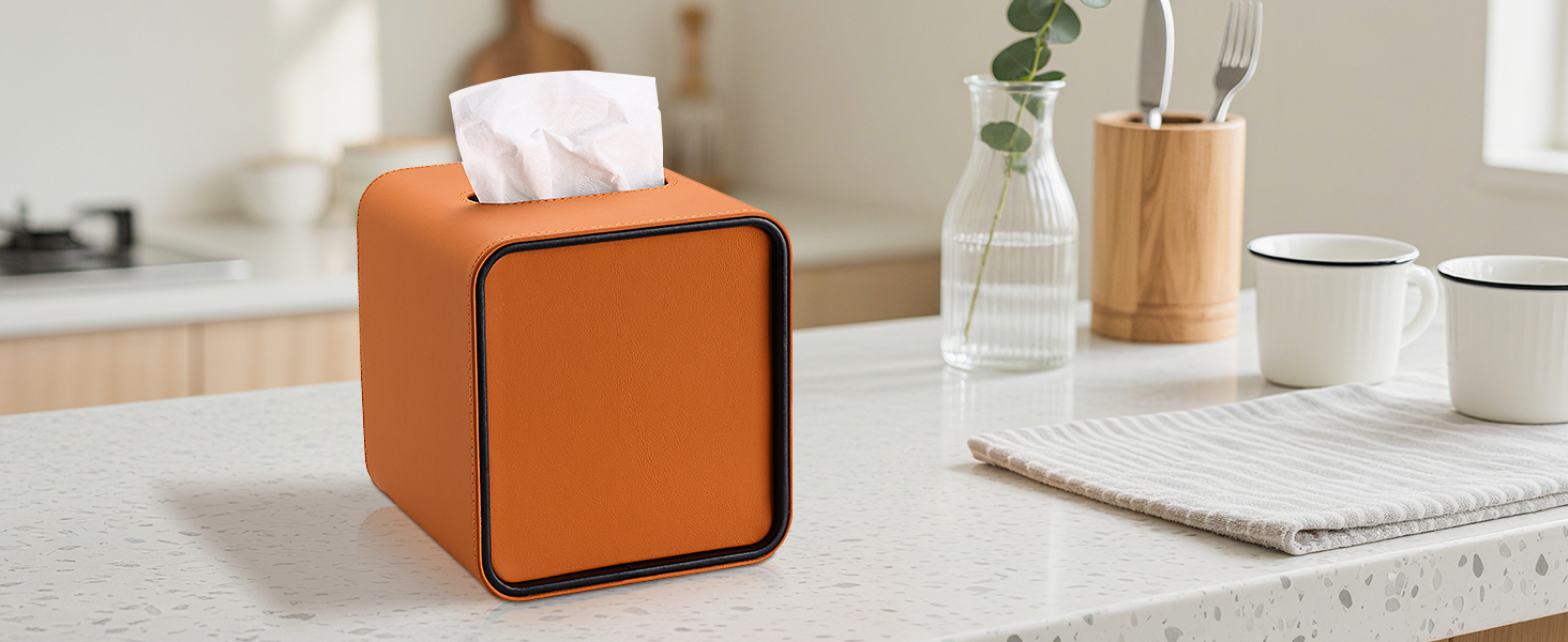 Скринниця для серветок GORESE, шкіряна, квадратна, 15x15x15.8 см, помаранчевий колір