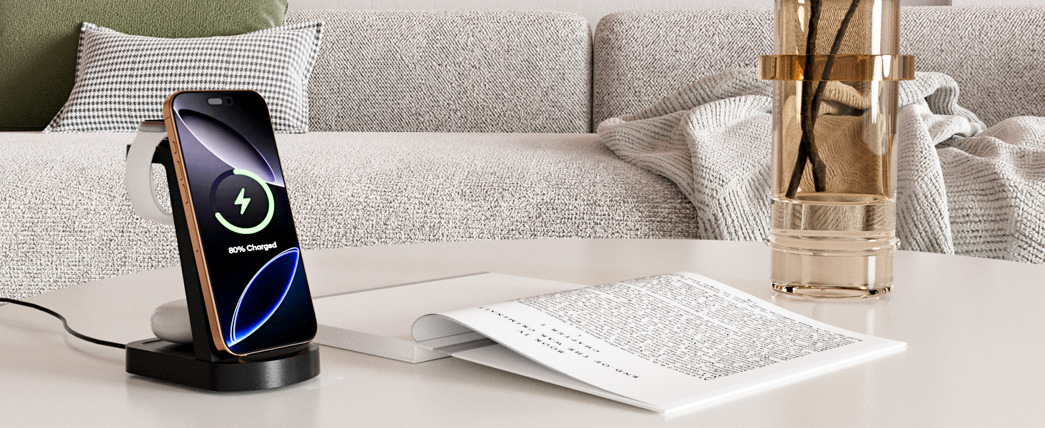 Бездротова зарядка 3-в-1 з адаптером 18W, сумісна з iPhone 16/15/14/13/12 Pro/Pro Max, Apple Watch, AirPods Pro (Чорний)