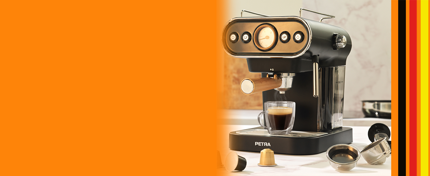 Petra Coffee Machine Barista Pro 1.5L, Semi-Automatic Espresso Machine with Milk Frother, Small Coffee Machine for Espresso & Cappuccino, Coffee Maker 15 Bar, 850W (3-in-1 Barista Coffee Machine)