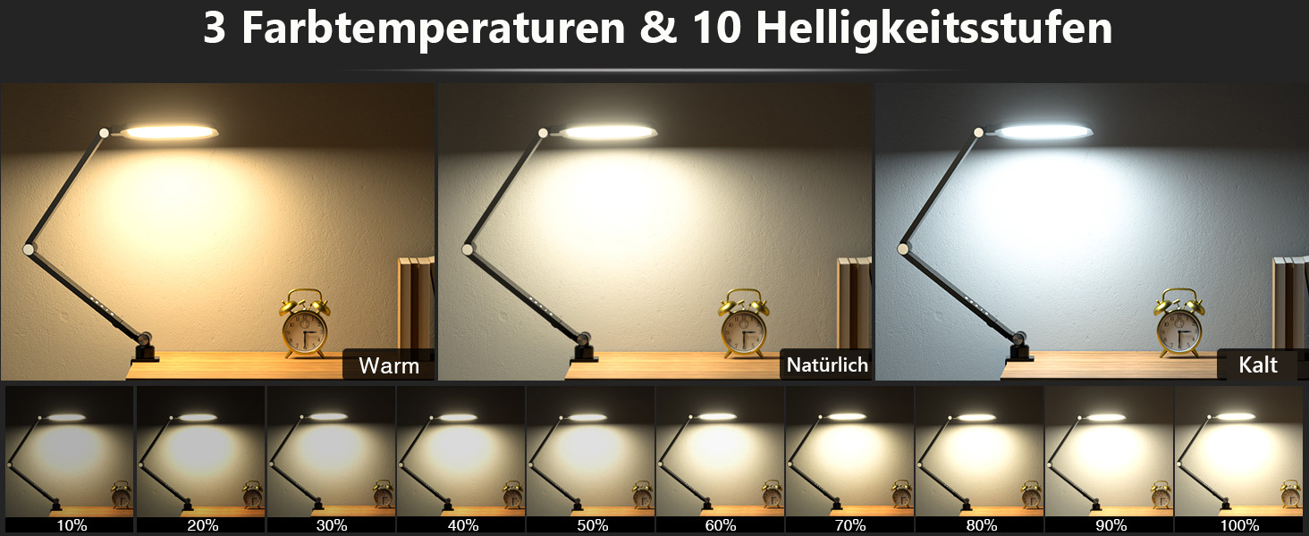 Світлодіодна лампа настільна з регулюванням яскравості, захистом для очей, 3 режими кольору, сенсорне керування, пам'ять, 15W, поворотний кріплення, чорний колір, 1 шт.