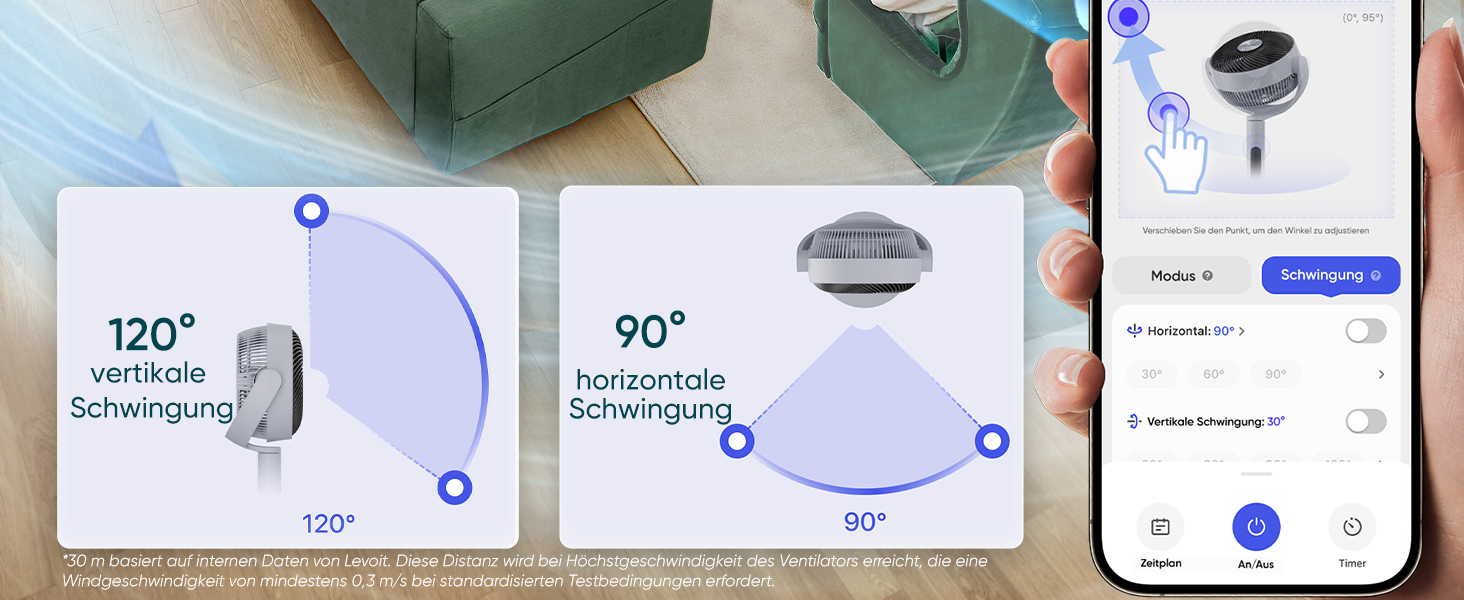Вентилятор Levoit 20dB з керуванням через APP та Alexa, DC мотор, 30м, 4 режими, 12 швидкостей, таймер 12 годин, сірий, 110 см
