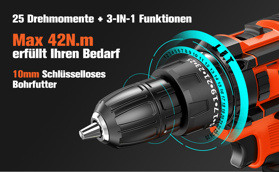 Акумуляторний шуруповерт AKZWOXRO 21V з 2 акумуляторами 2.0Ah, 42Nm, 2 швидкості, 25+3 ступені крутного моменту, патрон 10мм, LED, 30шт аксесуарів для дому та саду, помаранчевий колір