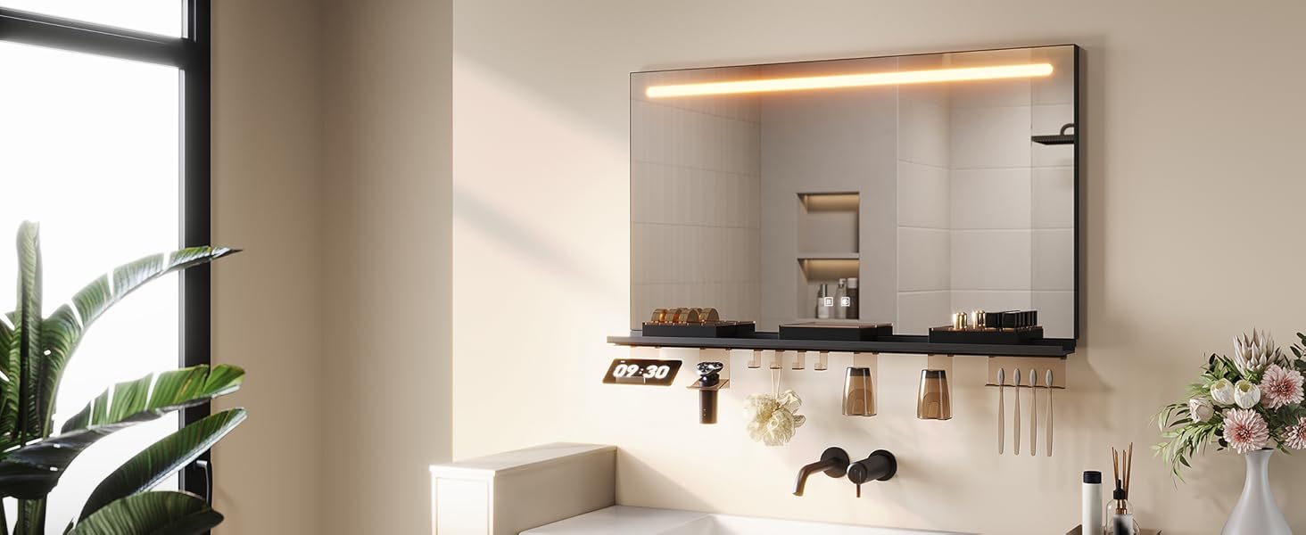 Дзеркало для ванної кімнати SONNI з підсвічуванням 120x60 см, 3 кольори світла, антизапар, годинник, температура, LED, сенсорне управління, білий (полиця 120L, темно-сірий + верхнє світло)