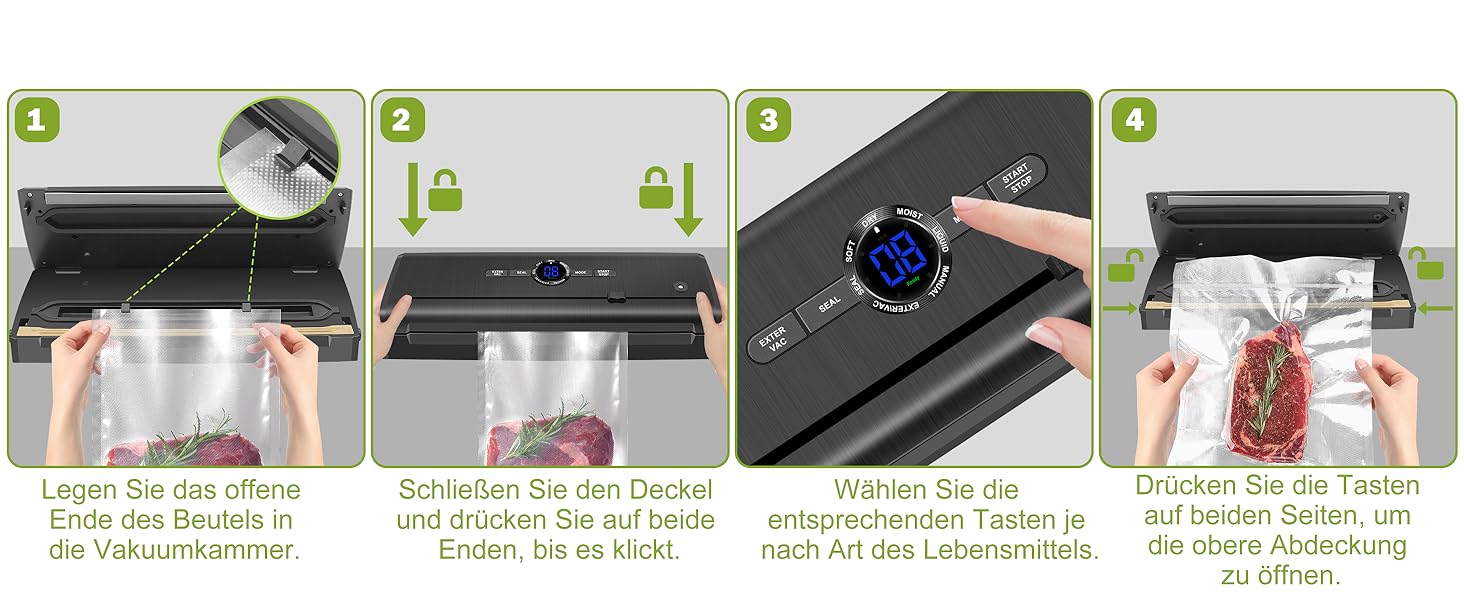 Вакуумний пакувальник KLGFI 7-в-1: професійний апарат для пакування продуктів з подвійною зварювальною швом, з нарізкою та цифровим лічильником. У комплекті 50 вакуумних пакетів. Чорний колір.