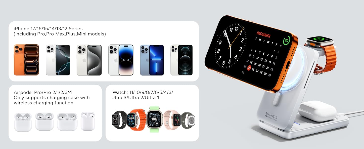 Зарядна станція 3-в-1 KPON для Apple Watch та iPhone з MagSafe, 20W, біла - Швидка зарядка для iPhone 17-12, Apple Watch 11-2, AirPods, портативна для подорожей та офісу