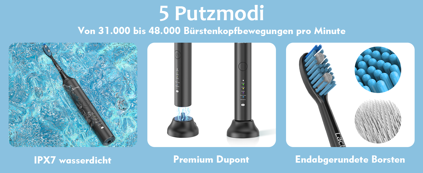 Електрична звукова зубна щітка Läschen, 5 режимів, з чохлом для подорожей, 4 насадки, USB-зарядка на 60 днів, таймер, IPX7 водонепроникність, чорна