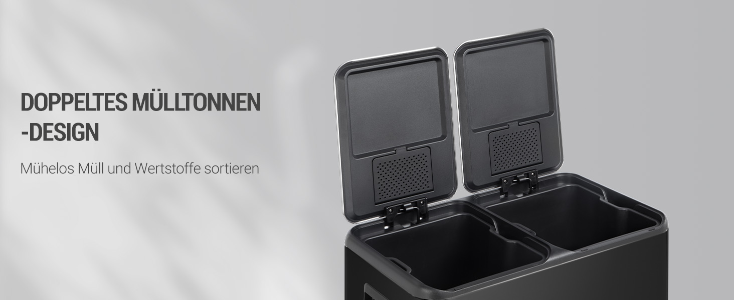 Відро для сміття з сортуванням 60 л, нержавіюча сталь, з педаллю, 2 відділення, SW06099E (Чорний)
