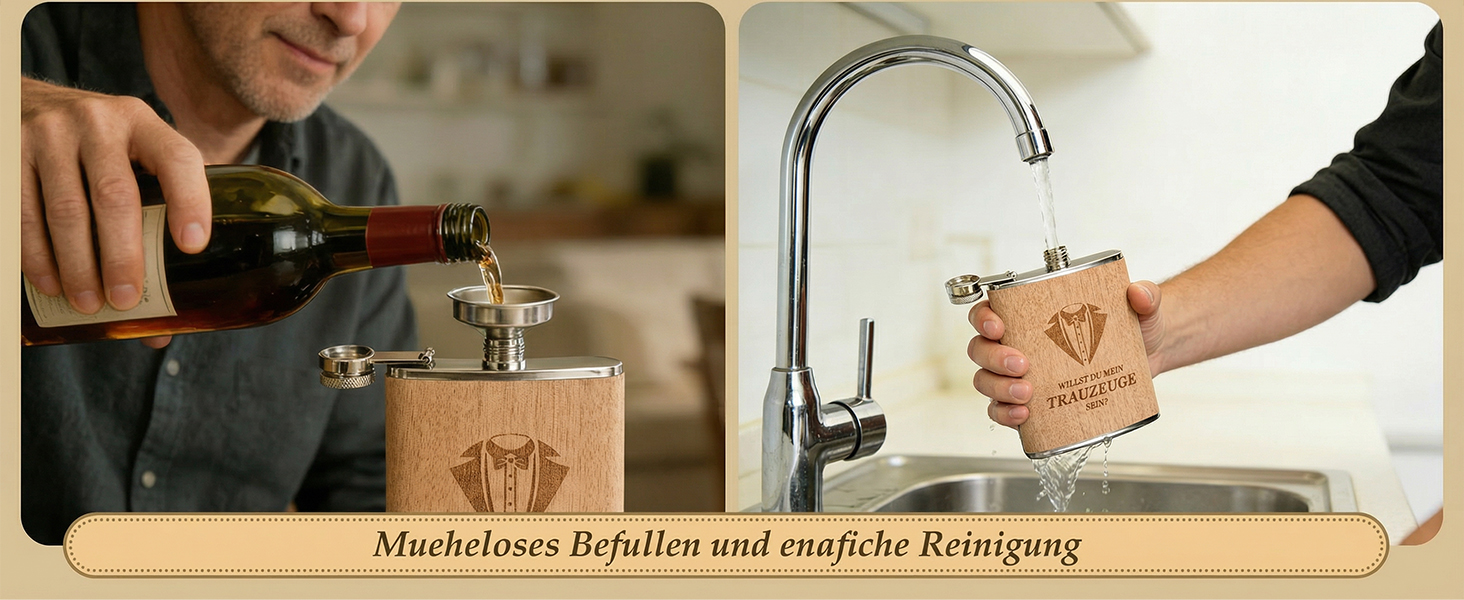 Персоналізований набір фляг 8oz з гравіюванням – фляга з нержавіючої сталі, 4 склянки, воронка & подарункова коробка для дружків, подарунок на весілля для чоловіків та жінок (колір дерева)