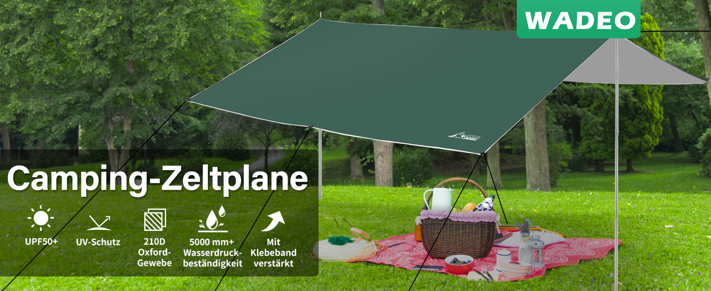 Тент для кемпінгу WADEO, 4x3 м, водовідштовхувальний, з кілочками та мотузками, ультралегкий, для відпочинку на природі, хакі (зелений)