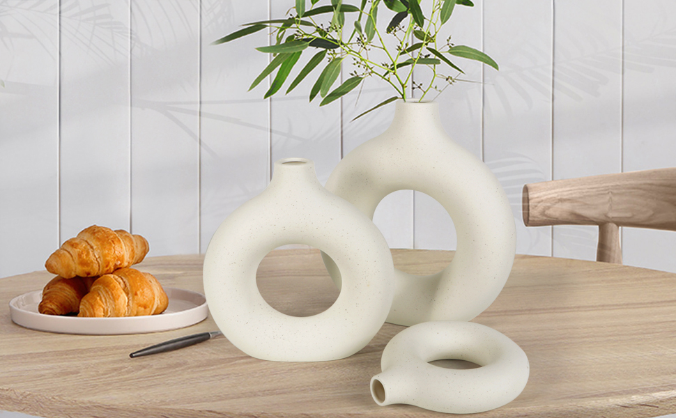 Large Ceramic Doughnut Vase for Pampas Grass - Modern Boho Round Vase for Home & Office Decor