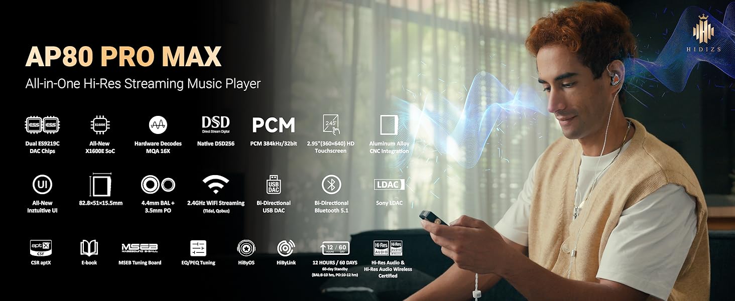 Hidizs AP80 PRO MAX: Hi-Res MP3 плеєр з Bluetooth, Wi-Fi, DLNA, AirPlay, DAC ES9219C, MQA 16X, DSD256, PCM 384kHz, підтримка SD до 2TB, Чорний