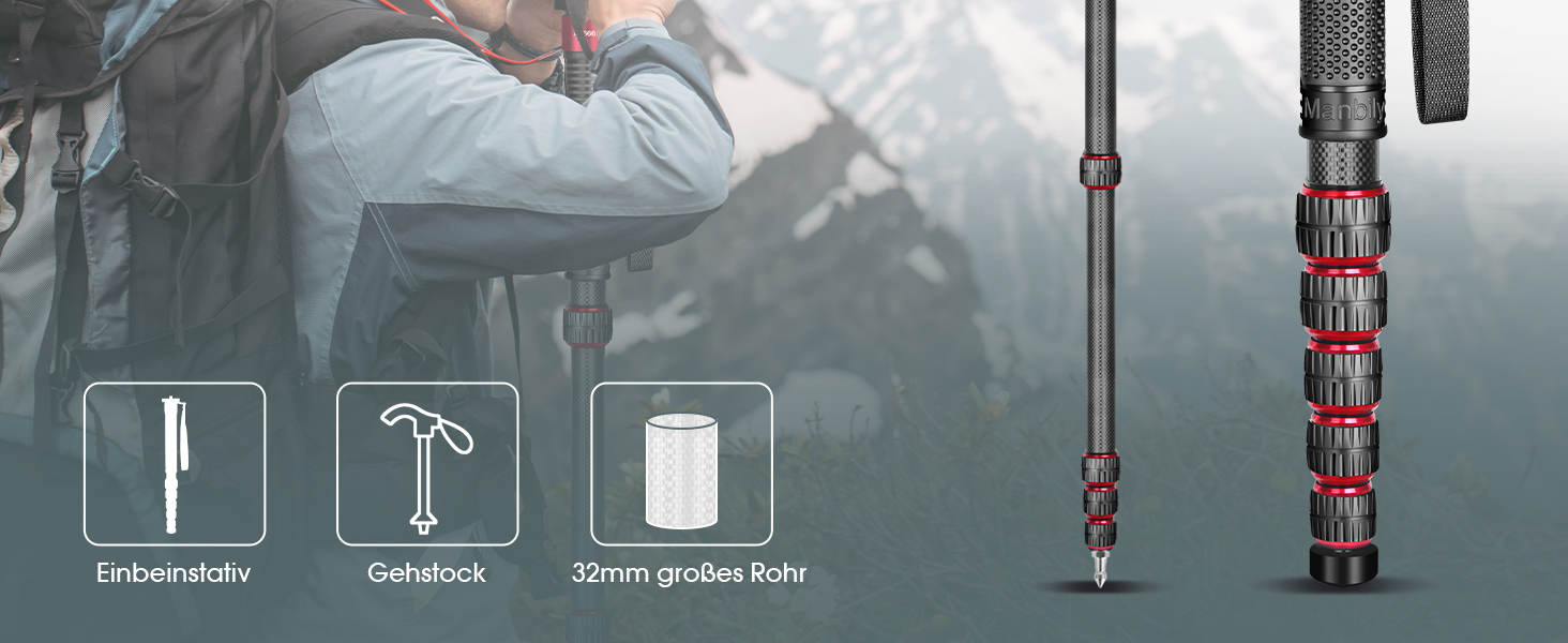 Монопод Manbily 32мм з карбону для камери: 44-174см, 6 секцій, до 15кг, з кліпсою для телефону, червоний