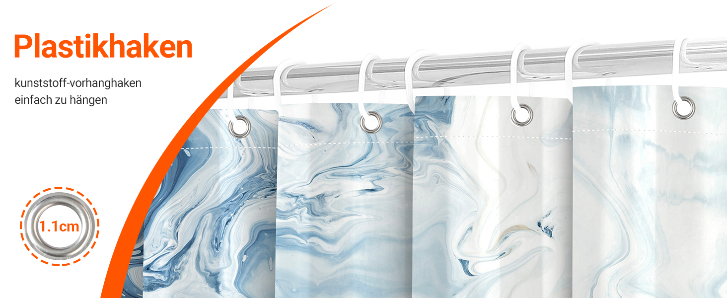 Штора для душу 180x200 см з утяжеленим краєм, антигрибкова, водовідштовхувальна, поліестер, з кільцями (Блакитний градієнт мармуру)