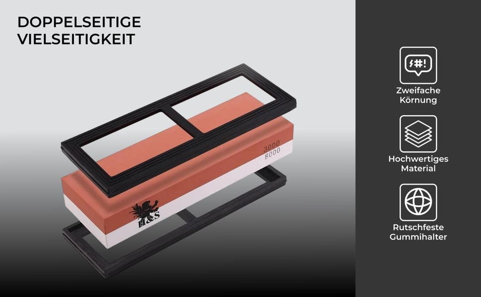 Набір точильного каміння H&S з неслизьким гумовим тримачем: двосторонній точильний камінь та брусок, зернистість 3000/8000, точилка для ножів, набір точильних каменів, мастильний камінь 10000, сталевий брусок