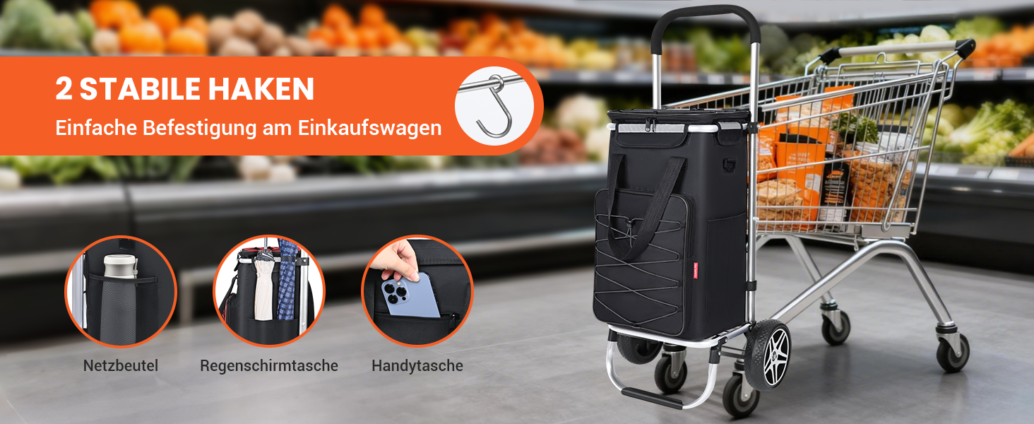 YEAUPE PRO Кухоль-тележка 3в1 з термоізольованим відділенням, 50л, знімний мішок, вантажопідйомність до 25кг, бічні кишені та відкривачка для пляшок (Чорний), не складається