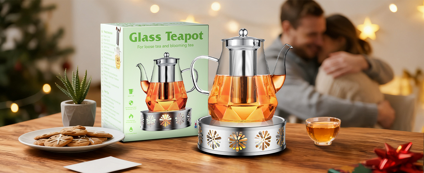 Скляний чайник STNTUS з підігрівачем та ситечком для листового чаю, 1.2 л, нержавіюча сталь