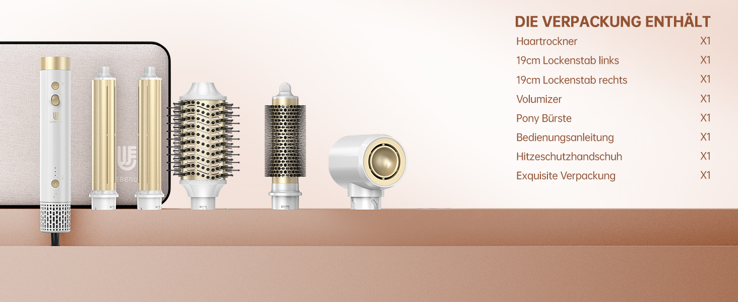 Webeauty Airstyler 7-в-1: фен-щітка, плойка, випрямляч, 110000 об/хв, 25 м/с, 500 млн негативних іонів, білий