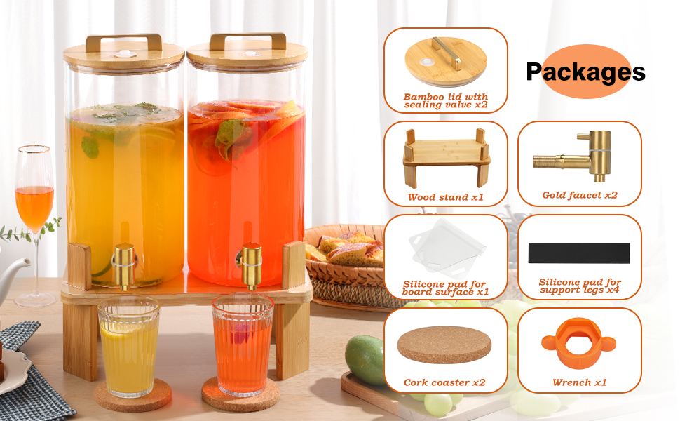 Набір з 2 диспенсери для напоїв на 6 літрів з дерев'яною підставкою, з герметичним клапаном та нержавіючим краном, для вечірок