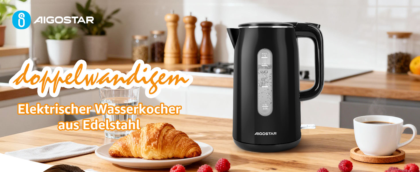 Електричний чайник Aigostar з нержавіючої сталі, чорний, 1.7 л, 2200 Вт - Швидкий кип'ятіння, подвійні стінки, без пластику, індикатор рівня води, автовимкнення, BPA-free, для кухні та офісу