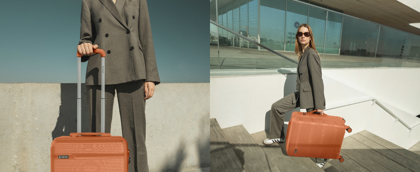 Набір валіз NUMADA 4 шт. Upfly T10 ABS: ручна валіза 55x40x20, середня 60L, велика 78L + косметичка. Оранжевий колір. Безпечний та міцний.
