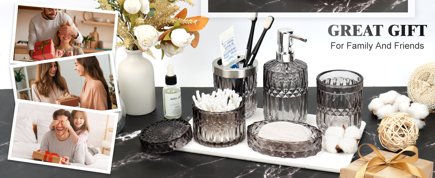 Набір аксесуарів для ванної кімнати 5 предметів: дозатор для мила та лосьйону, склянка для зубних щіток, стаканчик, мильниця, органайзер (чорний/прозорий) - сучасний декор для ванної, кухні, туалетного столика