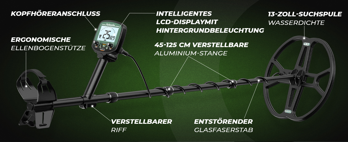 Металошукач професійний для дорослих Metalldetektor з 13'' водонепроникною котушкою DD, частота 19.23 кГц для пошуку срібла та золота, регульована балансування ґрунту, 3 режими пошуку, глибина виявлення 12''