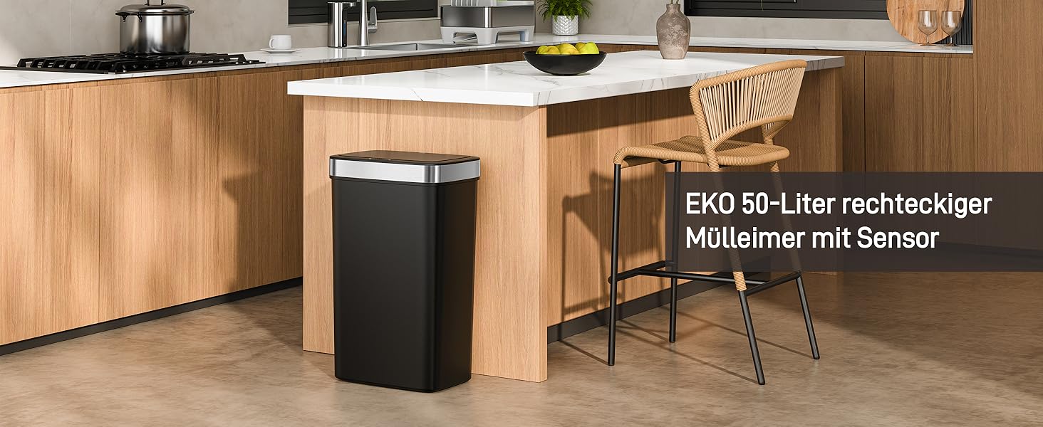 Сміттєвий бак EKO Hana Deluxe 50л з сенсором, чорний, пластик - автоматичний відро для кухні з плавним закриттям кришки