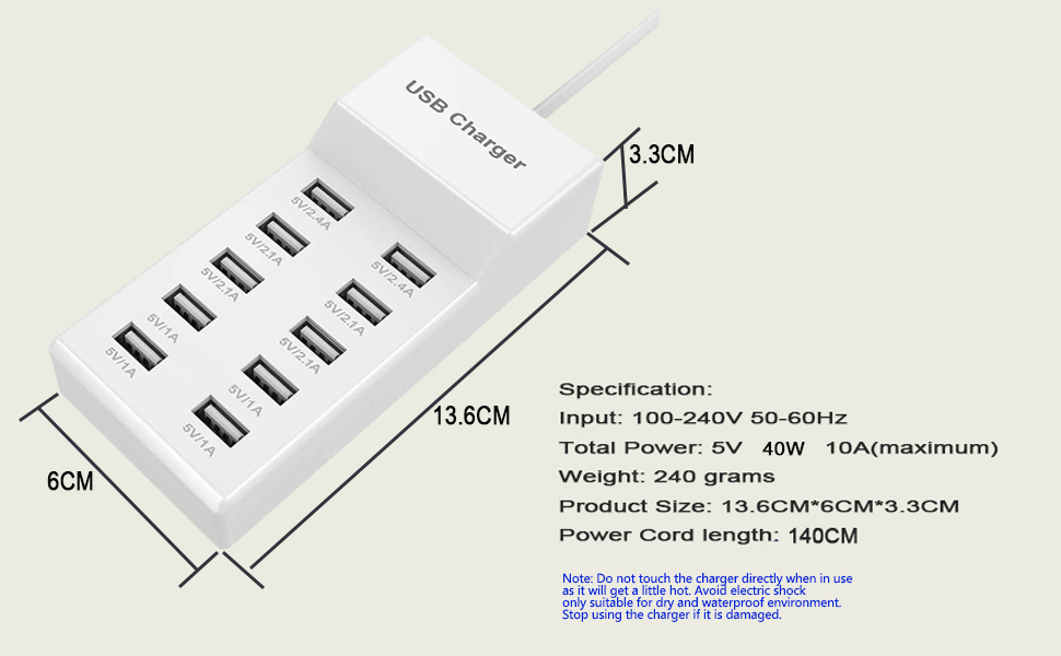 Зарядний пристрій USB-C 620W GaN, 10 портів: 7 USB-C + 3 USB-A, швидка зарядка для ноутбуків, iPhone, Samsung, MacBook Pro/Air, Dell (PD 10A)