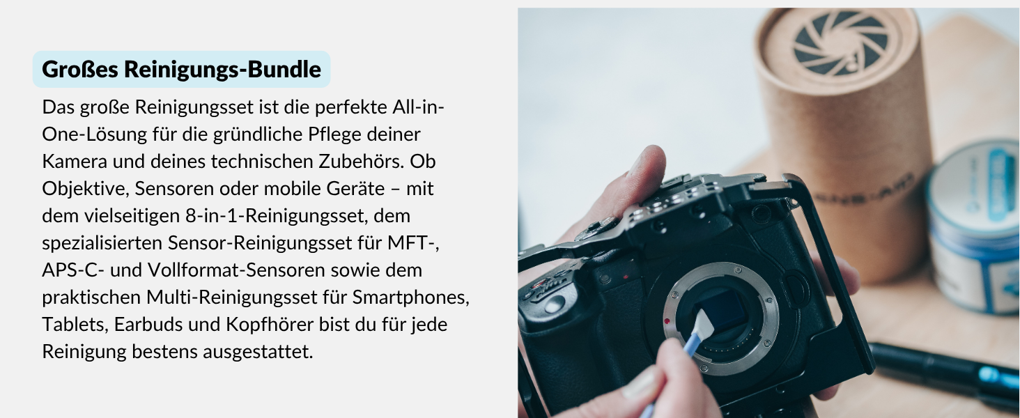 Набір для чищення камери LENS-AID 8-в-1: для об'єктивів, камер повного формату та APS-C. З рідким очищувачем, мікрофіброю, стайками, серветками, стиком, повітряним насосом та іншим.