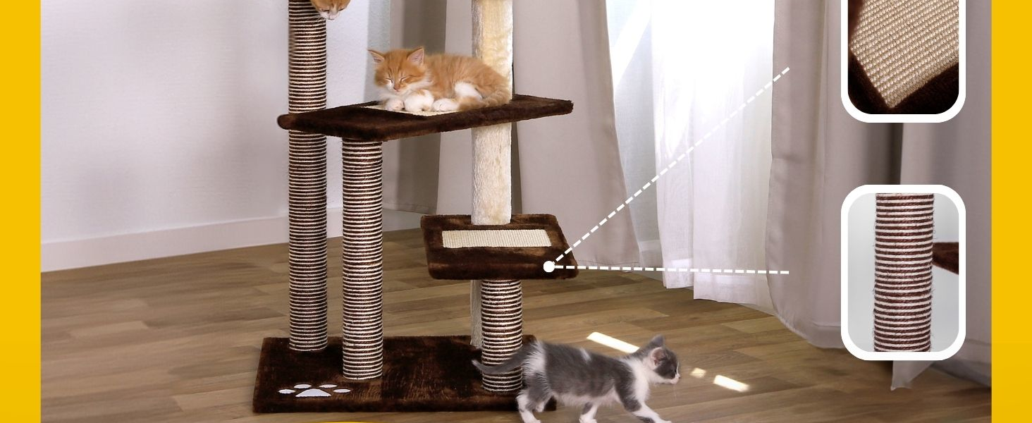 Драбина для котів Lionto з 3 платформами та затишним лежанкою, висота 100 см, котячий будиночок з сизалевим мотузком та м'яким плюшем, підходить для кошенят та великих котів, ідеальний догляд за кігтями, сірий/світло-сірий