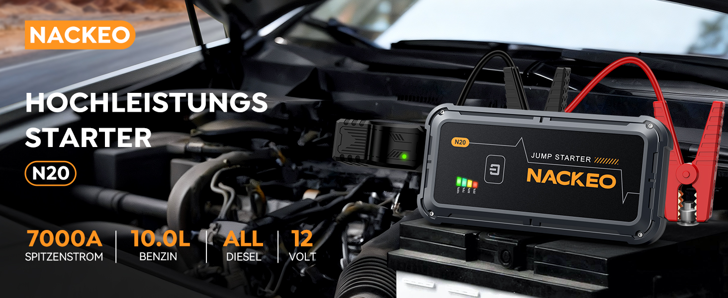 Powerbank Starthilfe 7000A: Зарядний пристрій для автомобіля, 12V, для бензинових та дизельних двигунів (до 10л), з кабелями та LED-ліхтариком, для авто, SUV, вантажівок, мотоциклів