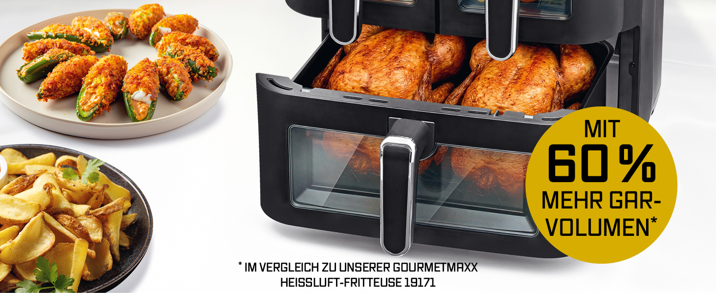 Фритюрниця електрична Gourmetmaxx FryUp3 з 3 камерами 17л, Airfryer з сенсорним дисплеєм, 12 програм, вікном огляду – для 12 осіб