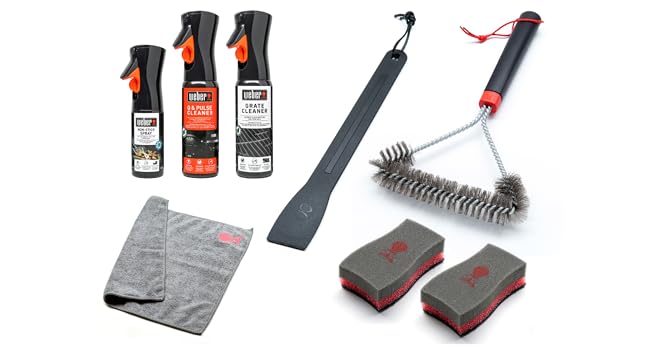 Weber Grill Cleaning Set for Enamel Grills, includes: 3 Grill Brushes, Grill Grate & Enamel Cleaner (300ml each), Non-Stick Spray 200ml, Microfiber Cloth, Scraper, 2 Cleaning Sponges (18284)