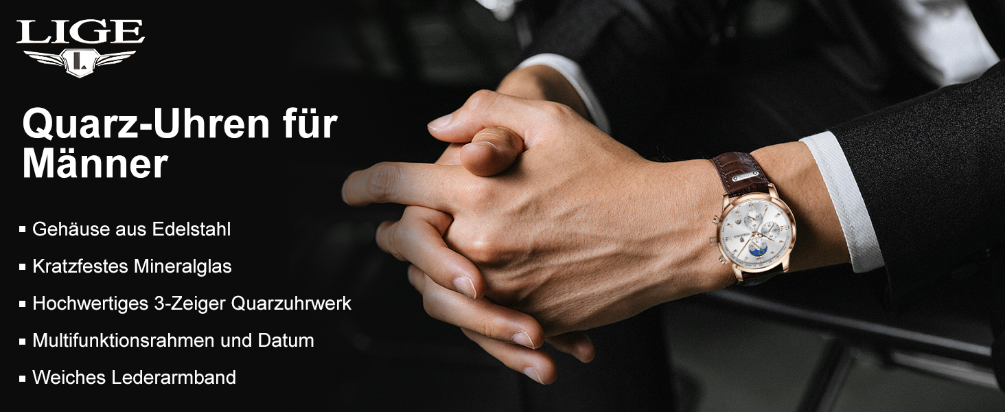 Годинник чоловічий LIGE Retro з шкіряним ремінцем, 3ATM водостійкий, аналоговий, з функцією свічення, фази місяця, з датою, коричнево-білий, хронограф