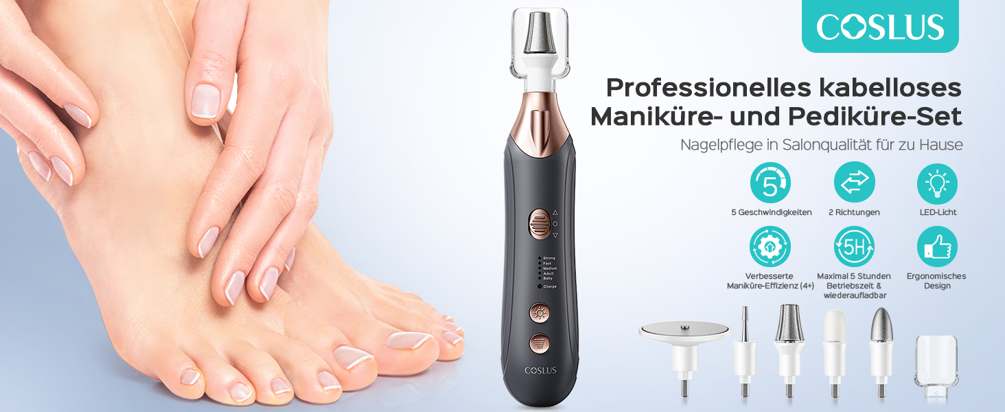 COSLUS C43 Професійний електричний набір для манікюру та педикюру: набір для догляду за ногами, руками та догляду за товстими нігтями, 5 швидкостей, сірий