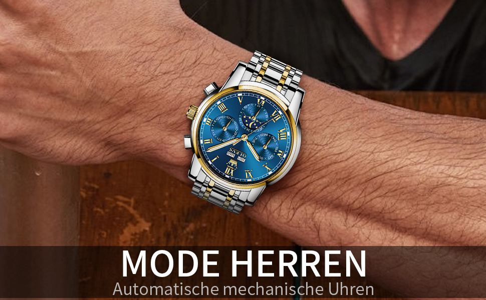 Чоловічий механічний годинник OLEVS 6692 з автопідзаводом: золотистий корпус, чорний циферблат та ремінець, фаза місяця, водонепроникний, люкс бізнес-стиль